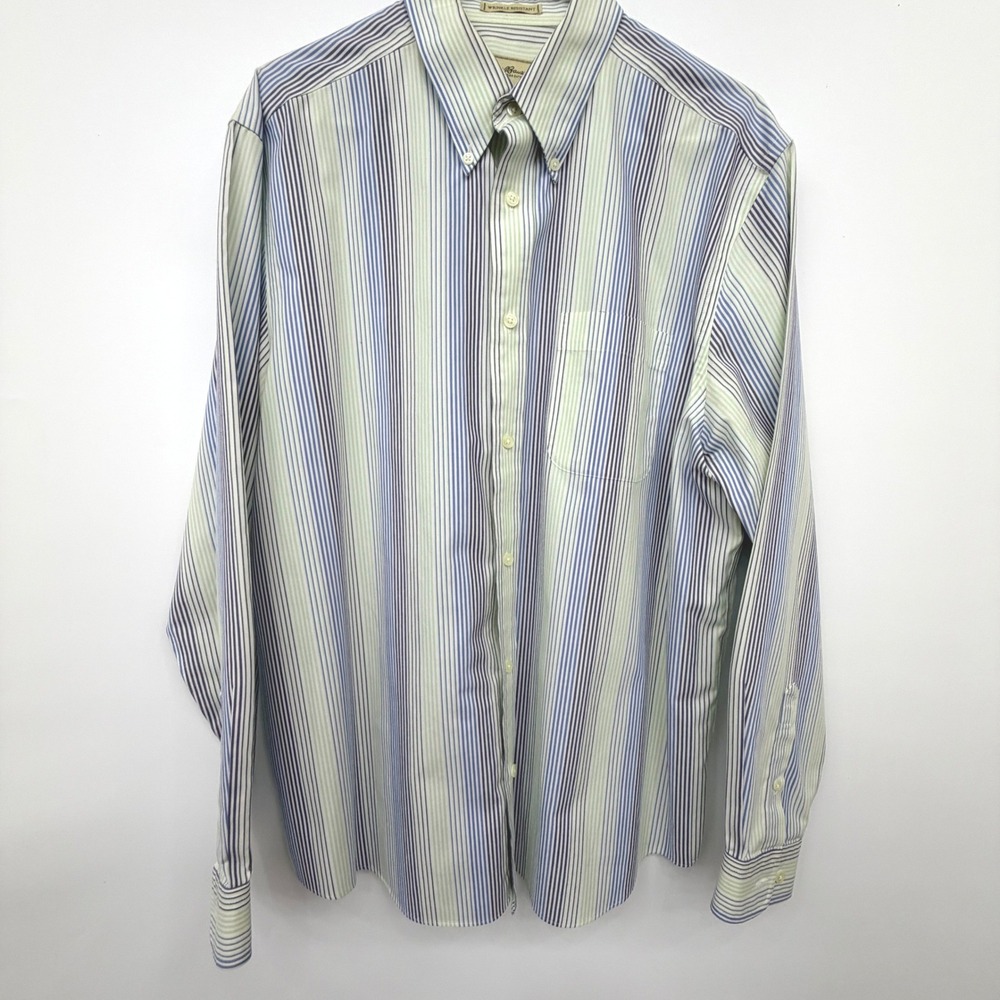 Eddie Bauer‎ Button Down Shirt Wrinkle Resistant Striped Mens Large Blue Green